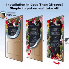 an advertisement for christmas chalkboard on the front and back doors with instructions to make it look like they are coming out of a door