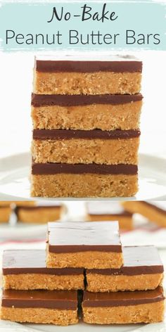 no - bake peanut butter bars stacked on top of each other with the words, no - bake peanut butter bars