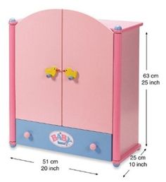 a pink and blue toy wardrobe with two doors on the front, measurements for each door