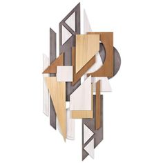 an abstract art piece made out of wood and metal with geometric shapes on the sides