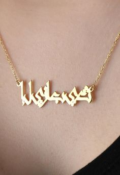 "Arabic Name Necklace and chain are 14k Solid GOLD ( not filled or plated) Personalized solid gold Arabic necklace in 14k Gold, Rose Gold, White Gold. Arabic Name Choker Necklace will be handmade with a name/word/date of your choice. All our personalized gold necklaces are suitable for all kinds of clothing and add a great sparkle to your wardrobe. Each personalized necklace is made to order, which gives our pieces a unique meaning that is specific and special to you. We offer many alternatives Traditional Gold Nameplate Necklace, Unique Gold Necklace For Mother's Day, Traditional Gold Name Necklace, Traditional Gold Necklace With Name, Unique Personalized Gold Necklaces, Engraved Pendant Chain Necklace For Anniversary, Engraved Nameplate Chain Necklace As Gift, Engraved Nameplate Chain Necklace Gift, Handmade Yellow Gold Nameplate Necklace