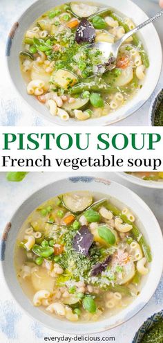 two bowls filled with pasta and vegetable soup