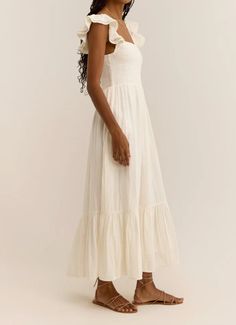 Elevate your summer wardrobe with our Calypso Maxi Dress! Made with lightweight gauze, it features a ruched top and soft flutter tank straps, bottom ruffle. Perfect for a breezy and romantic look, this dress is sure to turn heads and keep you cool in the hot weather. Material: 100% Cotton Gauze Maxi Dress, Crinkle Cotton, White Midi Skirt, Sparkle Shoes, Knit Bottom, Tiered Midi Dress, Tiered Maxi Dress, Tier Skirt, Feminine Look