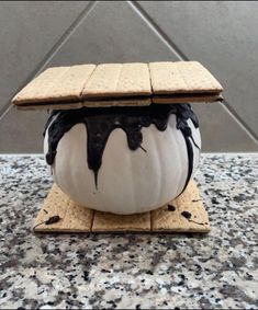 a white pumpkin covered in chocolate sitting on top of a counter