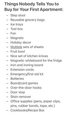 the list for things nobody tells you to buy for your first apartment is shown in white