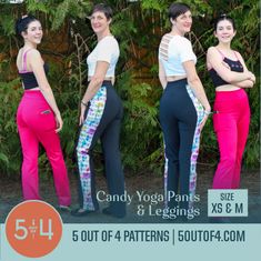 three women in different colored pants with the words candy yoga pants and leggings