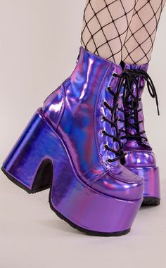 The Camel series is the ultimate chunky platform boot. Whether you're looking to make a statement, or just a new staple, your wardrobe will love these babies! Vegan Purple Holographic 5 inch heel 3 inch platform Lace up Rear zipper US women's sizing: refer to size chart for more info. Hak Tinggi, Alternative Shoes, Goth Shoes, Goth Boots, Gothic Boots, Gothic Shoes, Platform Boots Chunky, Cute Shoes Heels, Kawaii Shoes