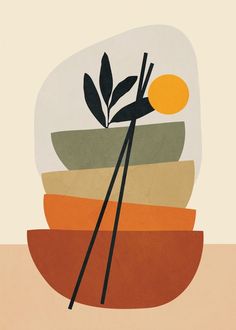 an abstract painting with oranges, greens and sticks