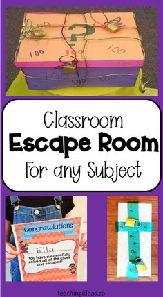 classroom escape room for any subject with pictures and words on the front, in purple