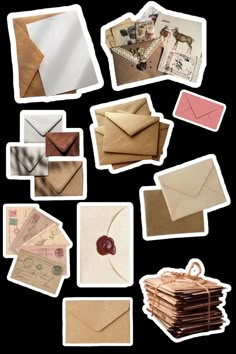 an assortment of envelopes and money on a black background