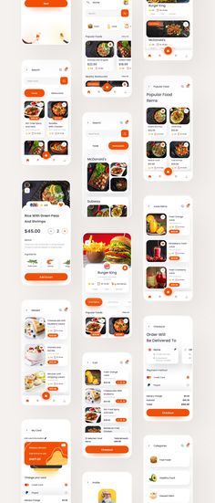 an orange and white website design with food items on the bottom right corner, in different sections