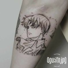 a person with a tattoo on their arm that has an anime character drawn on it