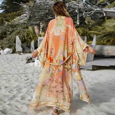 Floral Print Kimono Cover Up | Eiyo Kimono Orange Mermaid, Long Kimono Cardigan, Gilet Kimono, Moda Kimono, Belted Wrap Coat, Mode Kimono, Bohemian Kimono, Cardigan Kimono, Floral Print Kimono