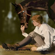 a painting of a boy sitting on the ground next to a horse and holding his hand near his face