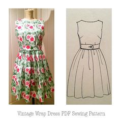 vintage dress sewing pattern with red flowers on it