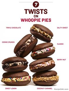 an advertisement with chocolate donuts stacked on top of each other and the words twists on whoopie pies