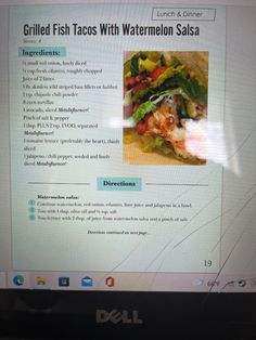 a computer screen showing the menu for grilled fish tacos with watermelon salsa