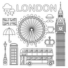 the london symbols are outlined in black and white, including a ferris wheel, clock tower, british flag, big ben