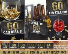 this is an image of a birthday party with gold foil decorations and beer bottle signs