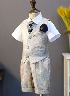 Vintage Brocade Jacquard 5 Piece Kids Boys Formal Blazer Vest and Pants Dress Suits Set   Condition:Brand New  Color:As Picture  Size:5(110,110cm-120cm);6(120:118m-125cm);7(130:125cm-135cm);8(140:135-145cm);10(150:145cm-155cm);12(160:155cm-160cm);  Material:Brocade  Design:Vintage Brocade Jacquard Fabric  The Finest High Quality,Anti-wrinkle, No-iron, Non Fade, Texture, Breathable, Soft and Comfortable.  Includes:1x Dress shirt + 1x Vest + 1x half pants+ 1x bow tie + 1x adjustable kids suspenders.  Boys suits size from 5 to 12 Elegant Formal Jacquard Sets, Formal Fitted Jacquard Sets, Fitted Jacquard Sets For Wedding, Kids Suspenders, Kid Tuxedo, Boys Formal, Half Pants, Suspenders For Kids, Vest And Pants