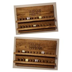 two wooden shelves with different types of wine corks on them, one has the word gourmet written on it