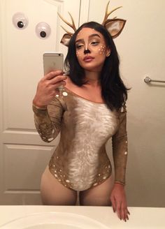 Dear Costume Women, Deer Costume Diy Womens, Bambi Costume Aesthetic, Doe Costume Ideas, Deer Costume Women Diy, Bambi Costume Women, Iconic Solo Halloween Costumes, Dark Hair Halloween Costume, Bambi Halloween Costume