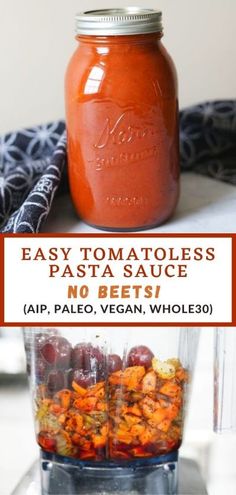 an easy tomato sauce recipe in a mason jar with text overlay that says easy tomato sauce