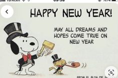 a cartoon dog holding a broom and wearing a top hat with the words happy new year on it