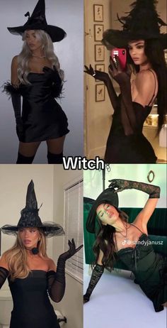 four different pictures of women dressed up in witches costumes and holding cell phones with captions that read witch