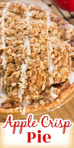 an apple crisp pie with white icing on top