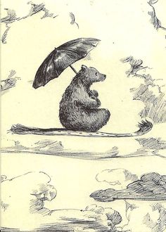 a drawing of a bear sitting on the ground with an umbrella over its head,