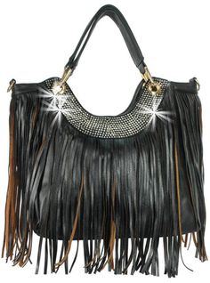 Fringed Rhinestone Accented Handbag - Black Layers of long fringe bring eye-catching movement to a chic handbag topped with a band of dazzling rhinestones. 1 back zip pocket. 9L double handles and 22L detachable, adjustable strap. Faux leather. Lined interior with center zip divider. 2 interior slip pockets & 1 zip pocket. top zip closure gold tone hardware Tablet compatible (std. size 8-10in). Approximate Size: 16L x 12H x 6W color: Black Fringe Handbags, Bling Bags, Long Fringe, Black Fringe, Navy Fashion, Chic Handbags, Black Rhinestone, Womens Tote, Black Handbags