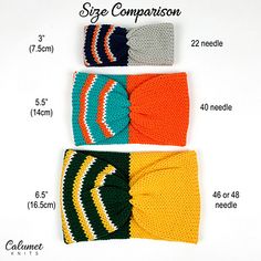 three crocheted headbands are shown with the measurements for each one in different colors