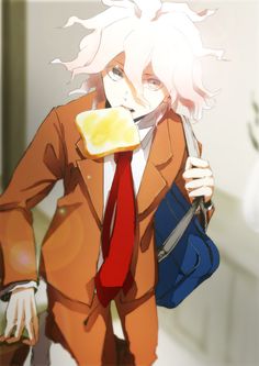 an anime character with white hair holding a blue bag and eating something in his hand