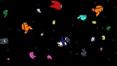 an animated image of many different objects floating in the dark sky with stars around them