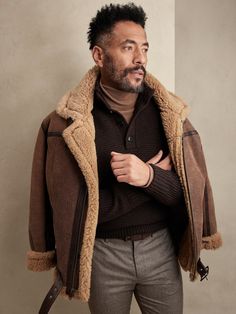 Textured luxury, this sumptuous mock-neck sweater is made from a soft, Italian wool-blend with ribbed, links-stitches to add an heirloom-worthy handfeel, finished with a henley-style placket at the neck to bundle up as you like.  SUSTAINABILITY: Made Aviator Jacket Men, Jacket Men Style, Lambskin Jacket, Aviator Jacket, Collared Sweatshirt, Aviator Jackets, Flight Jacket, Vintage Military, Shearling Coat