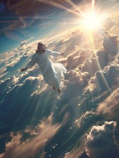 a woman is flying through the air above clouds with sunbeams in the background