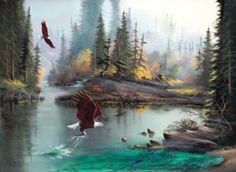 a painting of an eagle flying over a lake with ducks in the water and trees