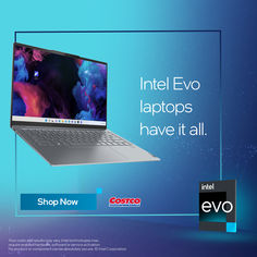 an advertisement for lenovo laptops is shown in blue and purple colors with the caption intel ev laptops have it all