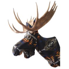 a moose's head with antlers on it is shown in the air, against a white background