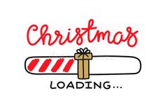 the inscription christmas loading on a white background with a red ribbon and a gift box royalty illustration