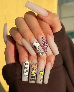 Acrylic Nail Cartoon Designs, Snoopy Nails, Punk Nails, Ombre Acrylic Nails, Simple Acrylic Nails, Glow Nails, Long Acrylic Nails Coffin, Long Square Acrylic Nails