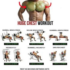 a man doing exercises with dumbbells on his chest and back, in front of the words huge chest workout