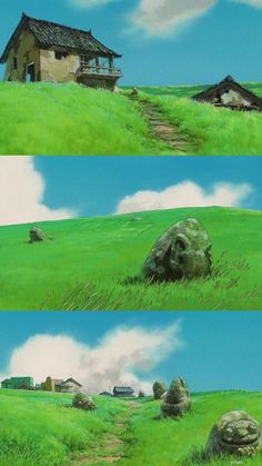 three different views of a grassy field with a house in the distance and an animal laying on the ground