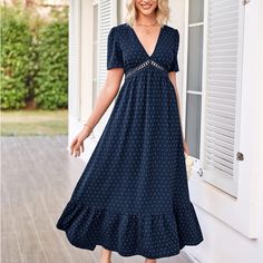 Short Sleeve Boho Casual Flowy Dress Navy V-neck Midi Dress For Spring, Blue A-line Maxi Dress For Date Night, Navy Casual Maxi Dress, Navy V-neck Vacation Dress, Navy Short Sleeve Dress For Vacation, Navy V-neck Spring Dress, Navy V-neck Dress For Spring, Navy V-neck Dress For Brunch, Navy Short Sleeve Maxi Dress For Spring