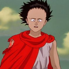 an anime character with black hair wearing a red scarf and looking at the camera while standing in front of clouds