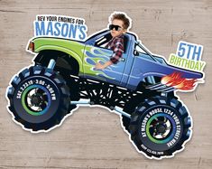 a sticker depicting a monster truck with a man in sunglasses on it's head