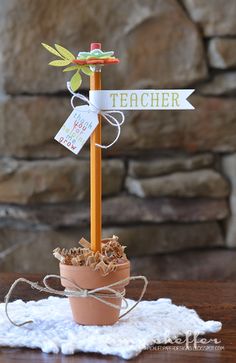 a potted plant with a teacher sign on it