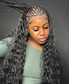 Stitch Braids Sew In, Half Stitch Half Quick Weave, Braids In The Front Bundles In The Back, Fulinabraids With Weave, Braided Curly Hairstyles Natural, Cornrow In The Front Singles In The Back, Fulani Braids In The Front Weave In The Back, Half Fulani Braids Half Sew In Weave