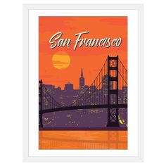 the san francisco skyline is shown in an orange and purple sunset with the golden gate bridge